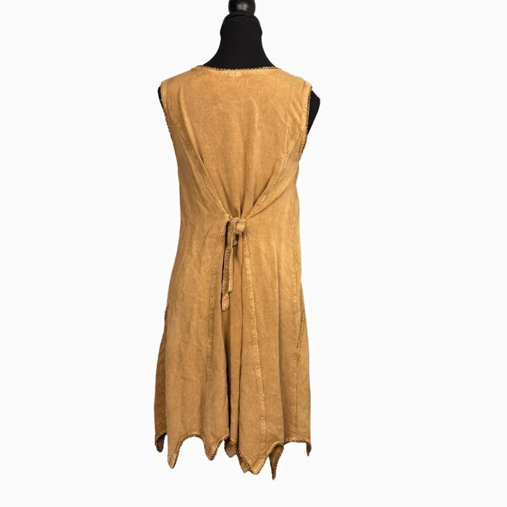 Boho Fairy Floral Embroidered Dress Tan Festival  Asymmetrical Hem Western - Picture 3 of 7